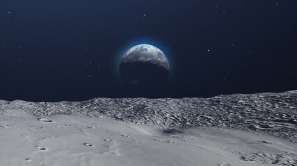 Wall Mural - 3d rendering-planet earth revealed from moon rocky surface
