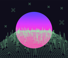 Poster - Retro Synthwave Sunrise. Futuristic  sci-fi landscape with sun above the endless laser grid like in old arcade video games of 80's and 90's years.