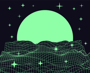 Poster - Retro Synthwave Sunrise. Futuristic  sci-fi landscape with sun above the endless laser grid like in old arcade video games of 80's and 90's years.