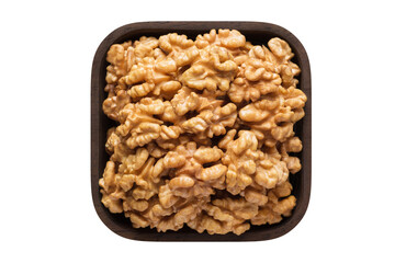 walnut peeled in square bowl isolated on white background. organic food, top view.