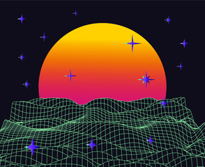 Poster - Retro Synthwave Sunrise. Futuristic  sci-fi landscape with sun above the endless laser grid like in old arcade video games of 80's and 90's years.