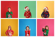 © New Africa - Collage with photos of cute children in different Christmas sweaters on color backgrounds