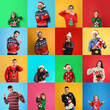 © New Africa - Collage with photos of adults and children in different Christmas sweaters on color backgrounds