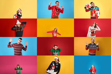 Poster - Collage with photos of adults and children in different Christmas sweaters on color backgrounds