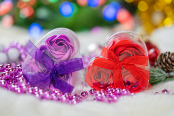 beautiful red heart decor gift of roses on bokeh background for february valentine