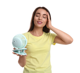 Poster - Woman enjoying air flow from portable fan on white background. Summer heat