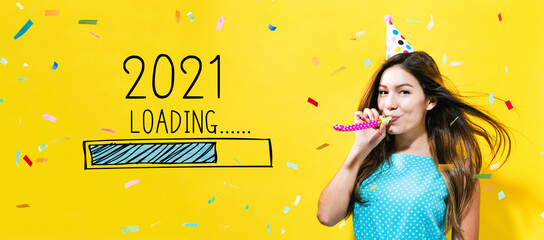 Poster - Loading new year 2021 with young woman with party theme on a yellow background