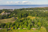 Fototapeta Natura - Aerial summer view of West Kotlin state nature reserve, ecological path trail with bird watching tower, Kotlin island, Kronstadt, Saint-Peterburg, Russia