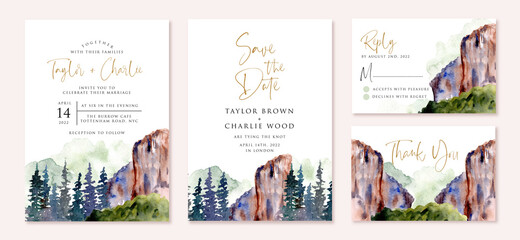 Sticker - wedding invitation set with canyon landscape watercolor background