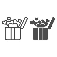 Poster - Surprise box with hearts line and solid icon, valentine day concept, open box with heart sign on white background, gift to loved one icon in outline style for mobile concept. Vector graphics.