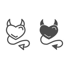 Poster - Devil heart line and solid icon, valentine day concept, heart with horns and tail sign on white background, demon heart icon in outline style for mobile concept and web design. Vector graphics.