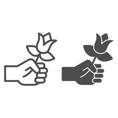 Poster - Flower in hand line and solid icon, valentine day concept, gift for beloved woman sign on white background, romantic present icon in outline style for mobile concept and web design. Vector graphics.