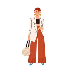 Canvas Print - Fashion casual outfit. Modern woman wearing trendy clothes. Fashionable look of stylish female character in loose blazer and wide-leg pants isolated on white background. Flat vector illustration