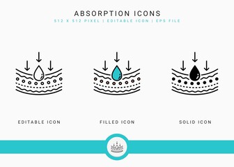 Fototapete - Absorption icons set vector illustration with solid icon line style. Drop water emulsion concept. Editable stroke icon on isolated background for web design, infographic and UI mobile app.