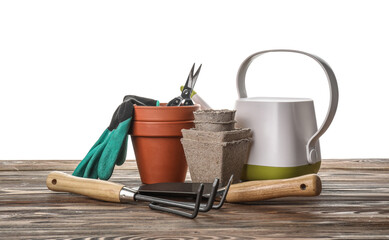 Gardening tools on white background