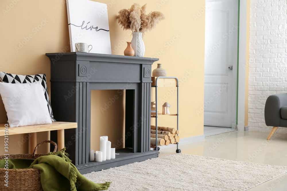Interior of modern living room with fireplace
