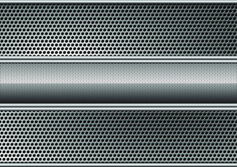 Poster - background of silver perforated metallic surface with holes and horizontal silver polished plate wit