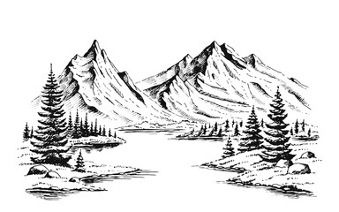 Hand drawn vector nature illustration with mountains and forest on first view. Using for travel and nature background and card