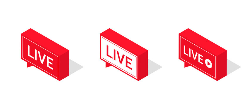 Set of live streaming icons, isometric style. Red symbols and buttons of live streaming, broadcasting, online stream. Lower third template for tv, shows, movies and live performances