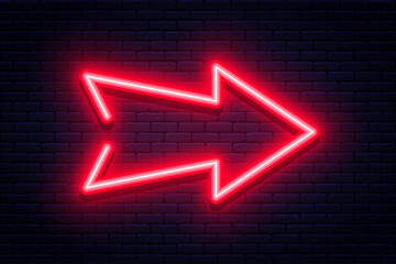 Wall Mural - Neon arrow sign. Glowing neon arrow pointer on brick wall background. Retro signboard with bright neon tubes