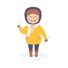 Wall Mural - Smiling Boy Holding Icicle and Enjoying Winter Holiday Vector Illustration