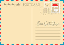 Christmas Letter To Santa Claus. Christmas Postcard Template With Santa Claus, Reindeer And Empty Space For Text, Vintage Envelope
