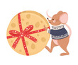 Smiling Mouse as New Year Character in Knitted Sweater Pushing Huge Cheese Wheel Vector Illustration