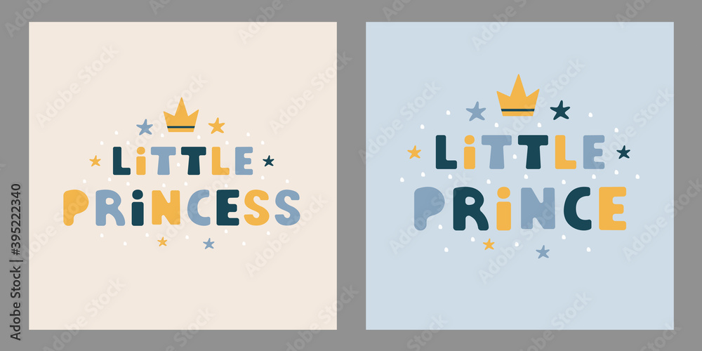 My little Prince and Princess lettering posters in flat style. Modern ...
