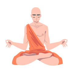 Poster - Buddhist Monk in Saffron Robe Sitting in Padmasana Vector Illustration