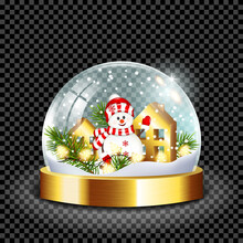 Realistic Transparent Snow Globe With Snowman, Gold Houses, Fir Tree, Isolated. For Dark Background.
