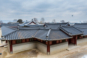 Wall Mural - Wooden house with black tiles of Hwaseong Haenggung Palace loocated in Suwon South Korea, the largest one of where the king and royal family retreated to during a war 