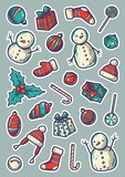 Fototapeta  - Colored christmas sticker pack or new year holiday elements for kids. Winter december illustrations for party design with holly, snowman and gifts