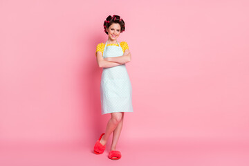 Sticker - Full length body size view of her she nice-looking attractive pretty cheerful housemaid folded arms posing isolated over pink pastel color background