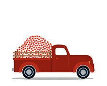 Valentine's Red Truck With Hearts. Flat Vector Illustration