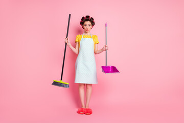 Sticker - Full length body size view of pretty funky cheerful housemaid doing domestic duty pout lips isolated on pink color background