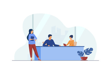 Businesspeople discussing project in office. Job, meeting, assistant flat vector illustration. Business and management concept for banner, website design or landing web page