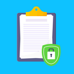 Wall Mural - Privacy policy, safety lock and data protection metaphor. Shield with padlock on the clipboard with personal data security protection symbol flat style design vector illustration.