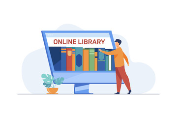 Poster - tiny man choosing book in online library. screen, internet, network flat vector illustration. digita