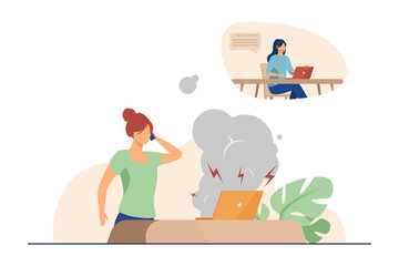 Poster - Woman calling service and talking about broken laptop. Computer, problem, table flat vector illustration. Repair and maintenance concept for banner, website design or landing web page