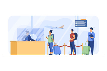 Poster - Travelers standing in queue for flight registration. Baggage, line, ticket flat vector illustration. Airlines and traveling concept for banner, website design or landing web page
