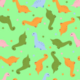 Fototapeta Dinusie - Seamless pattern with cute kawaii dinosaur. Vector illustration.	