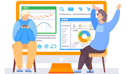 Fototapete - Man happily raises his hands up. Work with statistics indicators and data analysis vector illustration. Guy with gamepad sitting near the monitor with statistical calculations. Office work management