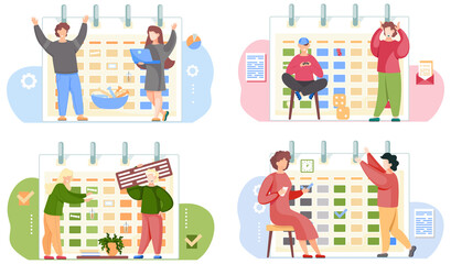 Fototapete - Set of illustrations on the theme of joint games and work. Timetable on background. Guy sitting with gamepad in his hands. Girl with laptop. Woman is playing cards. People raise their hands happily