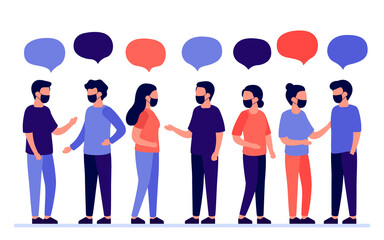 Meeting of group of people with mask for communication, partnership, business relationship. Man and woman talking. Negotiations, discussion of team workers. Vector flat illustration