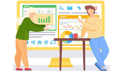 Fototapete - Smiling girl with cards in her hands. Happy couple is playing a game. Man thinks over the next move. Office work management . Statistics and anatytics. Monitor with the image of statistical data