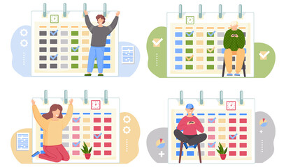 Fototapete - Set of illustrations on the topic of timetables and calendars. People playing and having fun. Guy sits with a gamepad in his hands. Man and girl happily raise their hands. Woman taking care of plant