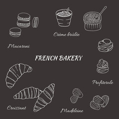 Wall Mural - Vector hand drawn of french bakery set with croissant, macaron, creme brulee, madeleine, profiterole. Design sketch element for menu cafe, bistro, restaurant, bakery, label and packaging. 