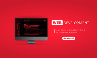 Web development on computer illustration. Flat design concepts for analysis, coding, programming, programmer and developer. Vector on isolated background. EPS 10