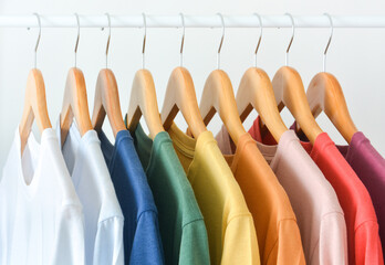 close up collection of pastel color t-shirts hanging on wooden clothes hanger in closet or clothing 