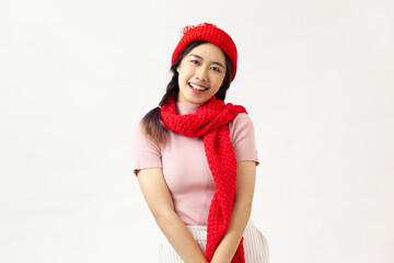 Portrait young asian woman wear santa hat smiling with happy in holiday xmas, on white background